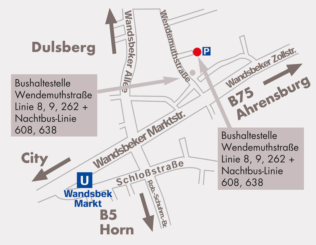 Gilde Bowling Wandsbek Anfahrt Lageplan mit Straßen und Bushaltestellen