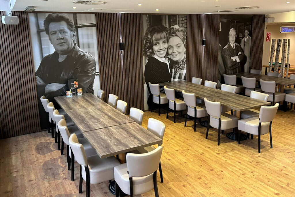 Bistrobereich Gilde Bowling Wandsbek mit Wandportraits von berühmten norddeutschen Persönlichkeiten